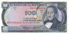 LA BANQUE DE LA RÉPUBLIQUE DE COLOMBIE 100 Pesos Or 07-20-1974 - Série Y - Nº. 282548428 - AU / UNC - P-415