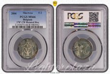 2CBEL.ATO241942 RARE! 2006. Belgique "Atomium" 2 Euros Rotation 170º PCGS MS66.