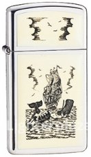 ZF0001659 Zippo Scrimshaw Whale and Ship Slim Lighter High Polish Chrome.